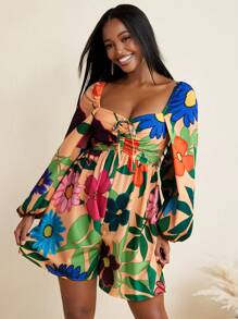 BELANGE HANDMADE Floral Print Flared Long Sleeves Bow Backless Women Jumpsuit Vacation Holiday Beach