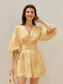 BELROSIE Women's Yellow Summer Elegant Holiday Tea Party Vintage 3D Embroidery Floral V-Neck Puff Sleeve Cinched Waist Front Button A-Line Ruffle Hem Short Dress - Yellow - View 4