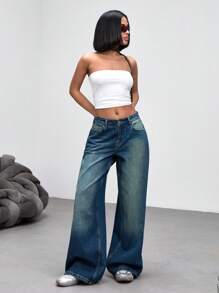 EURMUSE Y2K Casual Washed Distressed Low Waist Wide Leg Jeans Cowgirl Outfit - Dark Wash - View 5