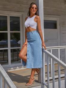 SHEIN PETITE Women's High Waist Single-Breasted Casual Denim Skirt - Light Wash - View 4