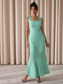 EURMUSE Váy suông chữ A và bodycon thanh lịch được thiết kế bằng đá Rhinestone, Váy maxi thanh lịch có chi tiết đính đá Rhinestone, Váy ngày lễ tình nhân - Màu xanh Bạc hà - Xem 5