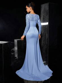 Glamrae Váy dài tay thanh lịch, sang trọng, xuyên thấu, đính ngọc trai, vải satin, eo nhún, xẻ tà cao đến đùi, viền xếp nếp bên hông, thích hợp cho đám cưới, tiệc tùng, câu lạc bộ, kỳ nghỉ, những dịp trang trọng (được tô điểm nhiều), cho buổi tối, khách dự tiệc cưới - Màu xanh nhạt - Xem 2