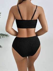 SHEIN Swim Ruched Fabric Shell Strap High Waist Bikini, Great For Beach & Holiday For Summer Beach Vacation - Black - View 4