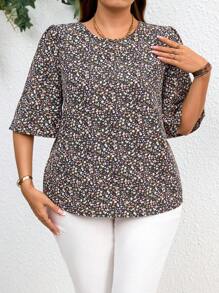 SHEIN LUNE Tuta casual estiva per vacanze taglia grande, camicetta da donna con maniche a palloncino e piccoli fiori per insegnanti