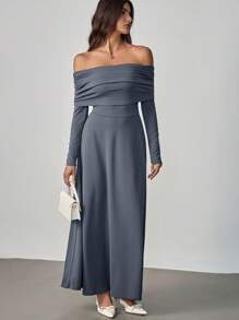 SHEIN Tall Vestido largo con hombros al descubierto, manga larga, unicolor y pliegues elegante para mujer, otoño, nuevo para el Día de San Valentín y Año Nuevo - Gris - Ver 5