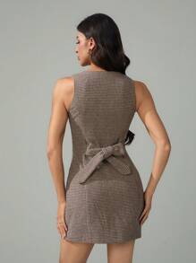 SHEIN Tall 女士千鸟格单排扣圆领无袖迷你连衣裙 - 棕色 - 查看 4
