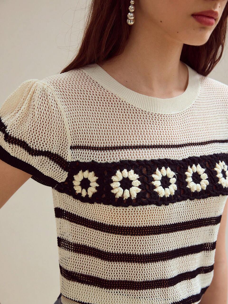 MOTF STUDIO FLORAL CROCHET STRIPED KNIT TOP