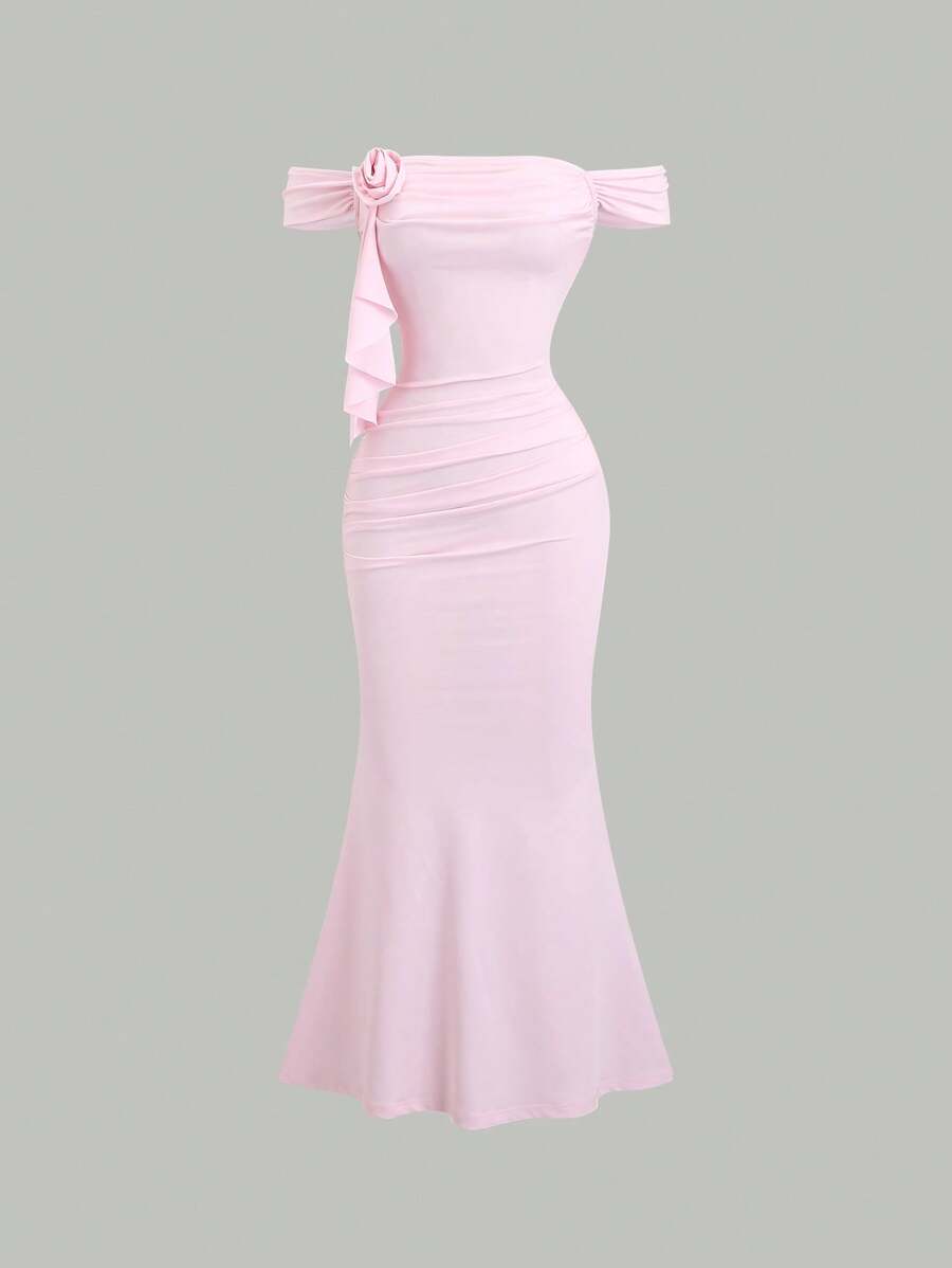 Sweetra Women's Summer Pink Solid Color Strapless Ruffle Mermaid Hem Sexy Formal Party Birthday Dress - Pink - View 1