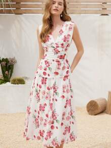 Aveloria Rosie Romantic Elegant French Floral Print Chiffon Layered Deep V Neck Ruched Waist Ruffle Hem Sleeveless Long Maxi Dress For Women Boho Vacation Fashionable Style All Over Print For Summer - Orange - View 1