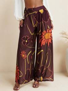 BELANGE HANDMADE Floral Print Wide Leg Pants High Waist