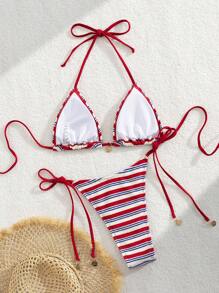 Swim Mod 2pcs Summer New Red Drawstring Halter Sexy Backless Fashionable Round Logo Ladies Bikini Swimsuit Set