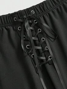 ROMWE Kawaii Spring/Summer Women's Basic Y2K Millennium Style Lace Patchwork Tie Up Capri Pants - Black - View 3