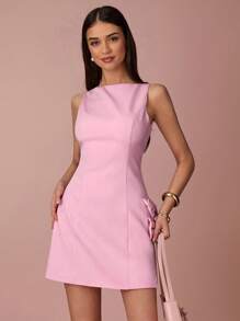 Enchnt Spring/Summer Romantic Women's Pink Side Bowknot Decor Boat Neck Sleeveless Cute Mini Dress,Sweet&Elegant For Vacation&Date&Holiday&Party&Graduation&Wedding Guest,Prom Dress,Summer Dresses For Women,Sun Dresses For Women,Summer Clothes