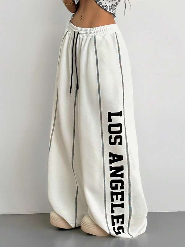 Coolane Women's Summer Daily Wear Streetwear Sportswear Game Day Contrast Piping Graphics White Wide Leg Sweatpants