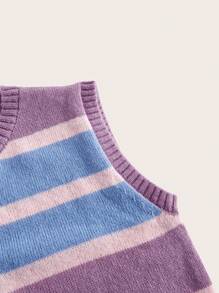 SHEIN Unity Women's Casual Striped Crew Neck Single-Breasted Knitted Vest - Purple - View 5