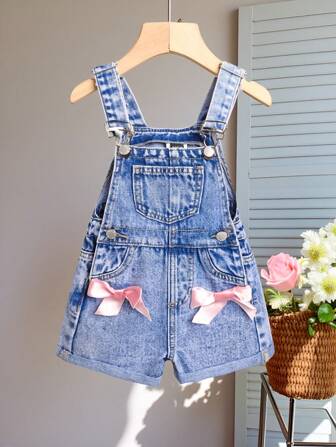 SHEIN Baby Mädchen 2025 Neu Y2K Jeans-Latzhose mit großer rosa Schleife