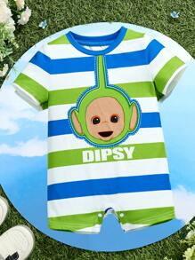 Teletubbies X SHEIN Tuta neonato maschio carina a righe verdi e blu con stampa cartoni animati