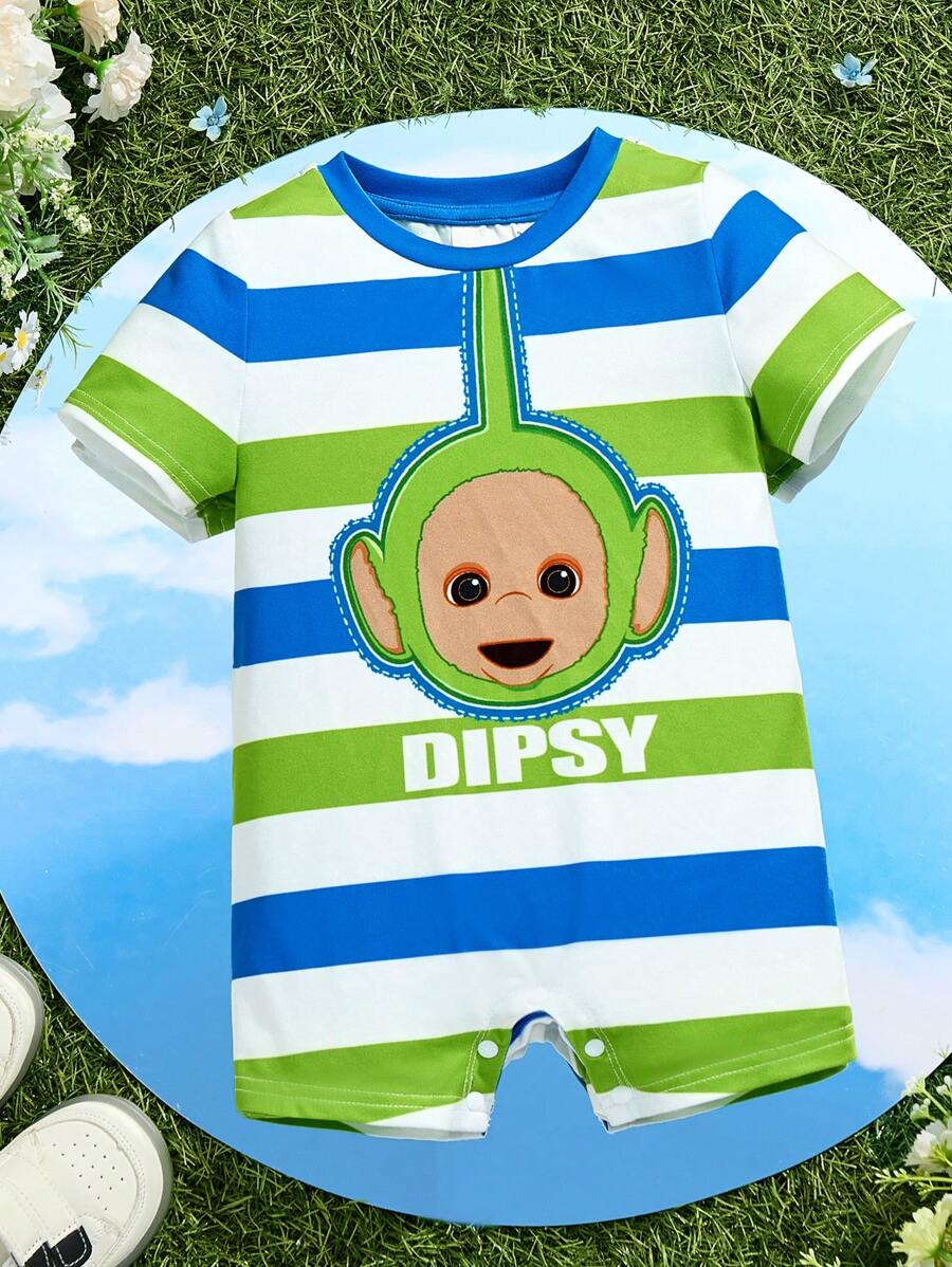 Teletubbies X SHEIN Baby Boy Cute Cartoon Green-Blue Striped Romper For Spring And Summer - Green - View 1