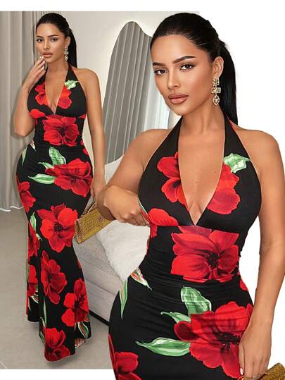 SHEIN SXY Elegant V-Neck Rose Print Fishtail Dress,Sundress,Summer Outfits For Women,Cruise Outfits Women,Sexy Outfits For Women
