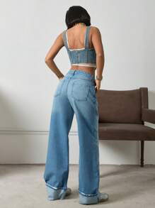 EURMUSE HIGH RISE WIDELEG JEAN WITH FOLDED UP HEM Women S Bottoms Wide Leg Jeans Women - Light Wash - View 2