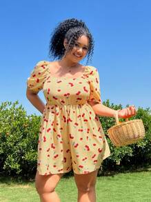SHEIN EZwear Plus Size Women's Cherry Floral Print Puff Sleeve Jumpsuit, Spring/Summer - Yellow - View 4