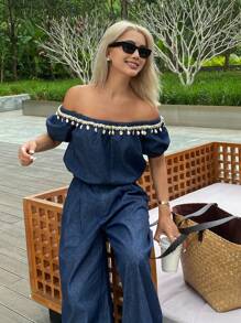 Livesso Bộ đồ hai mảnh denim dành cho nữ, áo trễ vai, thích hợp cho kỳ nghỉ. - Rửa tối - Xem 4