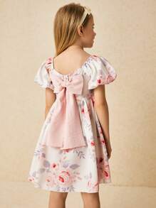 SHEIN 年轻女孩优雅粉色碎花泡泡袖连衣裙 - 彩色 - 查看 1