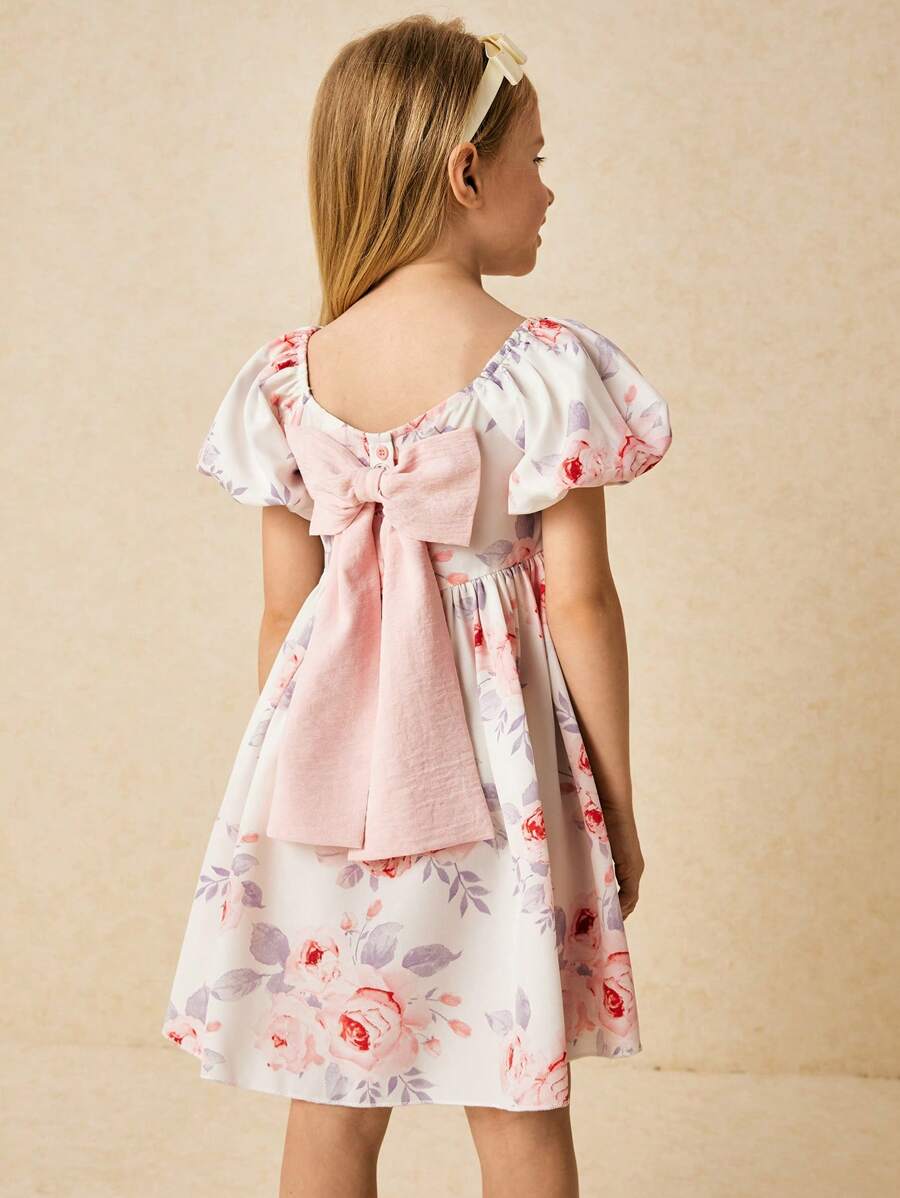 SHEIN 年轻女孩优雅粉色碎花泡泡袖连衣裙 - 彩色 - 查看 1