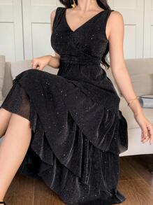 DAZY Vestido elegante de midi con cuello en V sin mangas y brillo para mujeres, para el verano