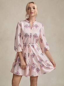 SHEIN LUNE Đầm ngắn thắt eo cổ chữ V in họa tiết cho nữ tay 3/4 - Hồng - Xem 6
