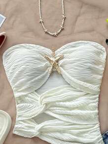 Soleia Top fără bretele din tricot alb de vacanță pentru femei, cu decupaj stea de mare, tiv asimetric asimetric, bluză de modă sexy pentru slăbire, pentru petrecere, întâlnire, Ziua Îndrăgostiților, carnaval, Paște, Western, festival de muzică, plajă, croazieră