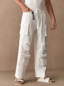 Manfinity ModaGents Pantalones holgados de carga con cordón en la cintura y bolsillos múltiples, para hombres, uso casual en primavera y verano