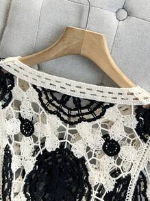 Franclia Women's Asymmetrical Contrast Color Fringe Knit Pullover Shawl Cover Up, Suitable For Vacation Fall Winter Cloth For Women - Black - View 7