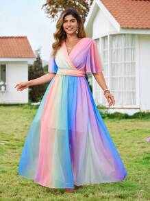 SHEIN Clasi Women Plus Size Rainbow Color V-Neck Ruffle Sleeve Dress - Multicolor - View 1