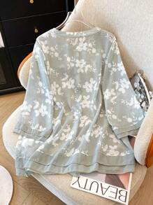 SHEIN LUNE Elegante blusa/camisa holgada y casual de manga 3/4 de talla grande para vacaciones, nuevo lanzamiento