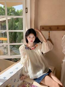 DAZY Blusa casual y elegante de mujer con bordado, manga larga, cuello cuadrado y crochet, para primavera/verano y otoño, top estilo babydoll - Albaricoque - Ver 9