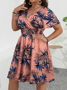Franclia Vestido informal casual de talla grande para mujer con estampado de plantas tropicales y cinturón, ropa de resort