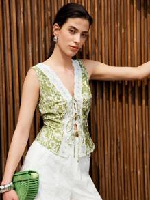 Chiquease 女士 V 领无袖贴花饰边衬衫 - 綠色 - 查看 4