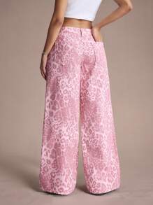 Easelle 女式豹纹口袋宽松阔腿休闲百搭牛仔裤 - 粉色 - 查看 2