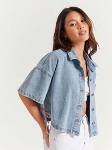 WESTFADE Collared Button Front Cute Bow Tie Sides Short Sleeve Country Western Boxy Denim Shirt Jacket Summer Cowgirl Rodeo - Light Wash - View 4