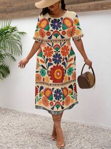 EMERY ROSE Plus Size Women's Vintage Floral Print Casual Dress Resort Wear Ladies Summer Clothing Suitable For Going Out Chic Dress