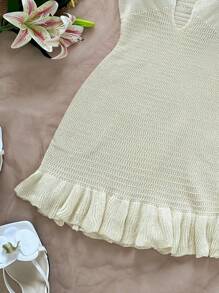 Soleia Women's Resort Moss Green Halter Backless Front Metal Buckle Decor Hollow Out Ruffle Mini Dress - Beige - View 6
