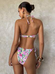 SHEIN Swim 2 件套女士花卉系带蝴蝶结比基尼泳装套装，可爱休闲，适合春夏季假日海滩派对 - 彩色 - 查看 2