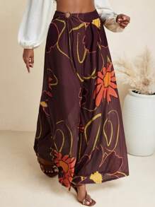 BELANGE HANDMADE Floral Print Wide Leg Pants High Waist