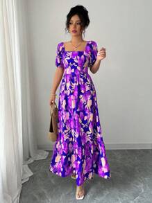 Selianne 印花泡泡袖方领束腰女式连衣裙 - 彩色 - 查看 5