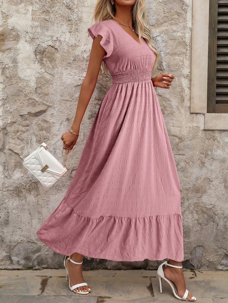 SHEIN Clasi Women's Elegant Shirred Cap Sleeve Elastic Waist Blue Summer Vacation Dress - Pink - View 1