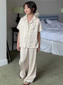 DAZY 女童条纹短袖上衣和裤子睡衣套装，春夏 - 杏色 - 查看 2