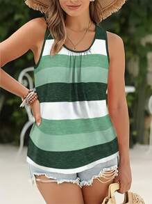 SHEIN LUNE Plus Size Holiday Casual Color Block Striped Tank Top Graphic Tees Women Tops - Multicolor - View 1