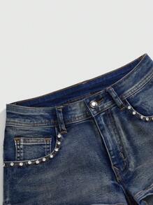 复古 Y2K 朋克风格低腰超短刺绣手枪女式牛仔短裤 - 藍色 - 查看 3