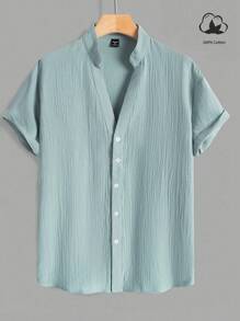 Manfinity Homme Camisa de manga corta de un solo pecho, de color uniforme, informal/para trabajo, camisas sencillas para hombres